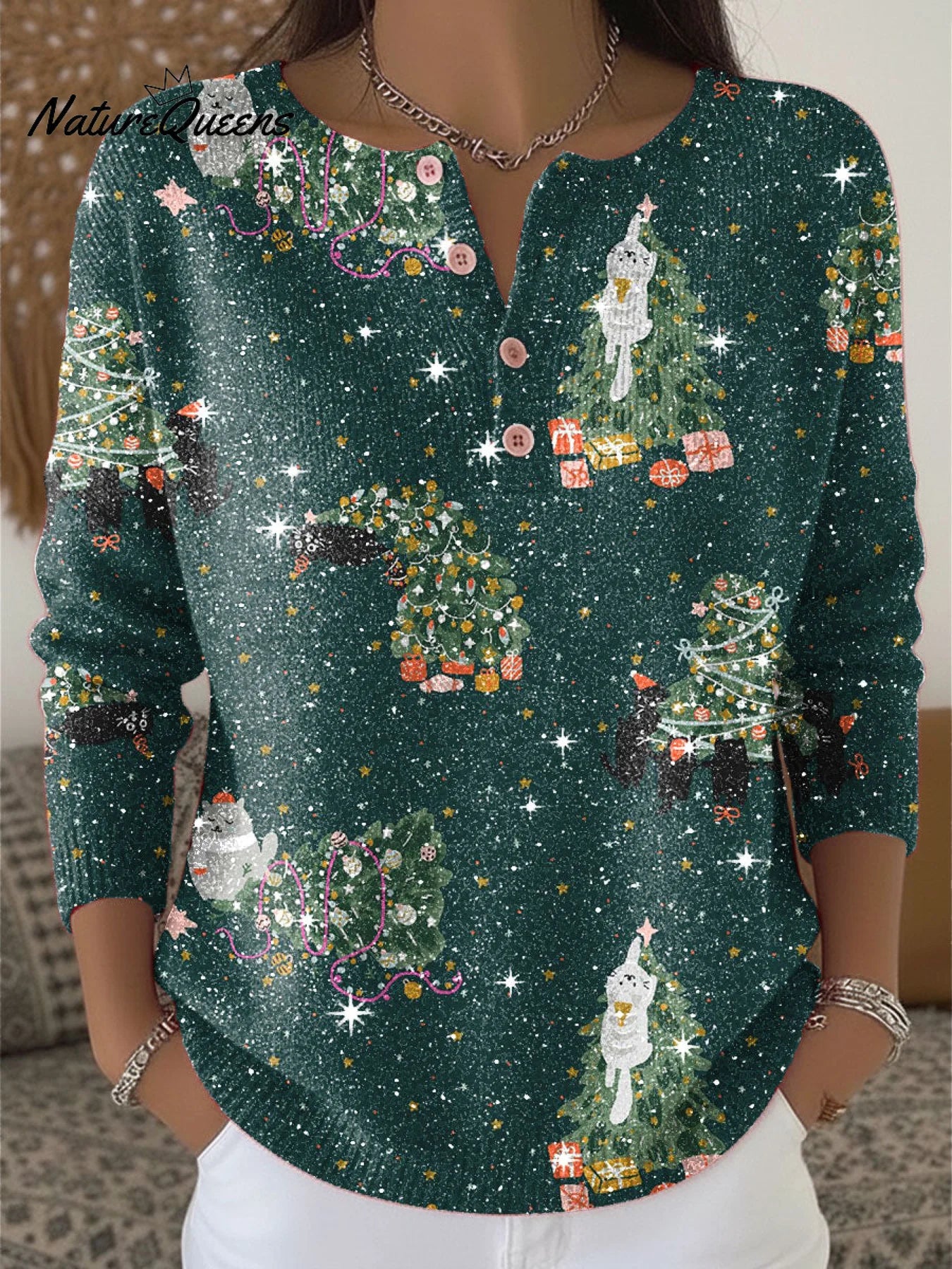 Christmas Tree Cat Pattern Print Henley Neck Sparkling Sequin Sweater