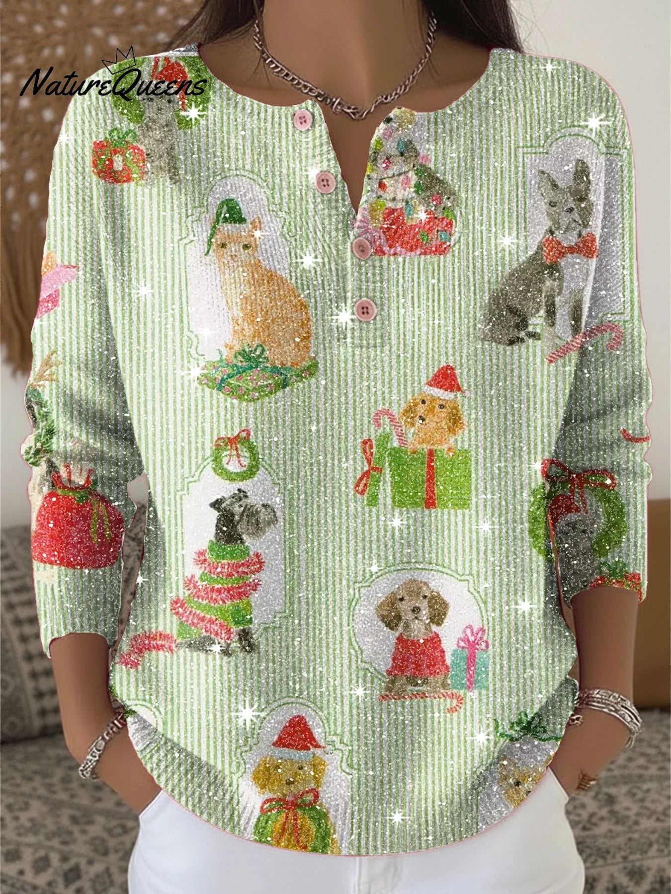 Christmas Cute Animal Dog Puppy Gift Pattern Print Henley Neck Sparkling Sequin Sweater