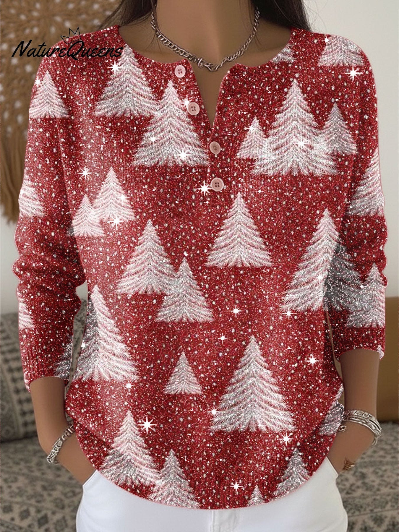 Christmas Tree Pattern Print Henley Neck Sparkling Sequin Sweater
