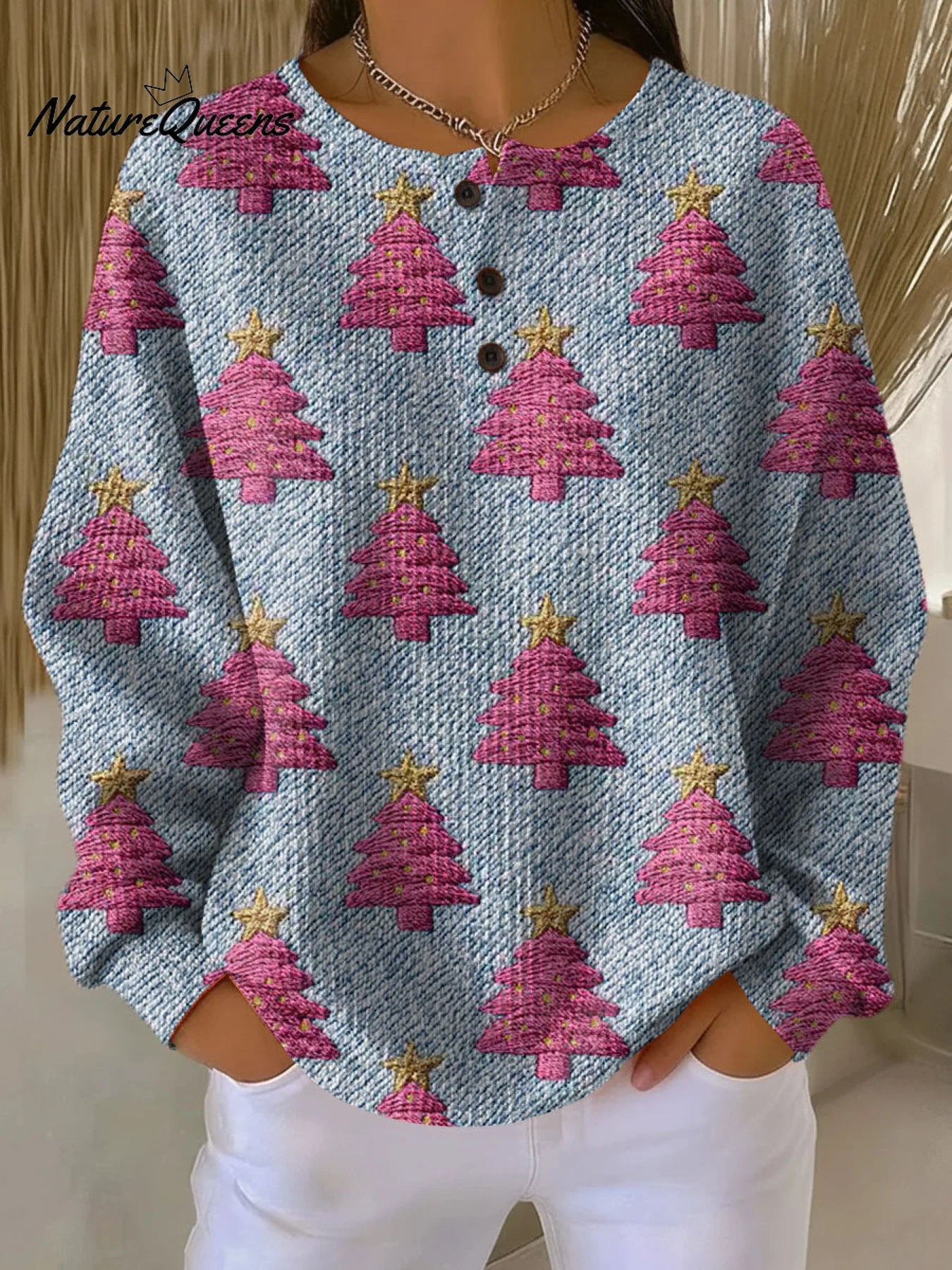 Women's Christmas Tree Pattern Art Print Casual Cotton Shirt