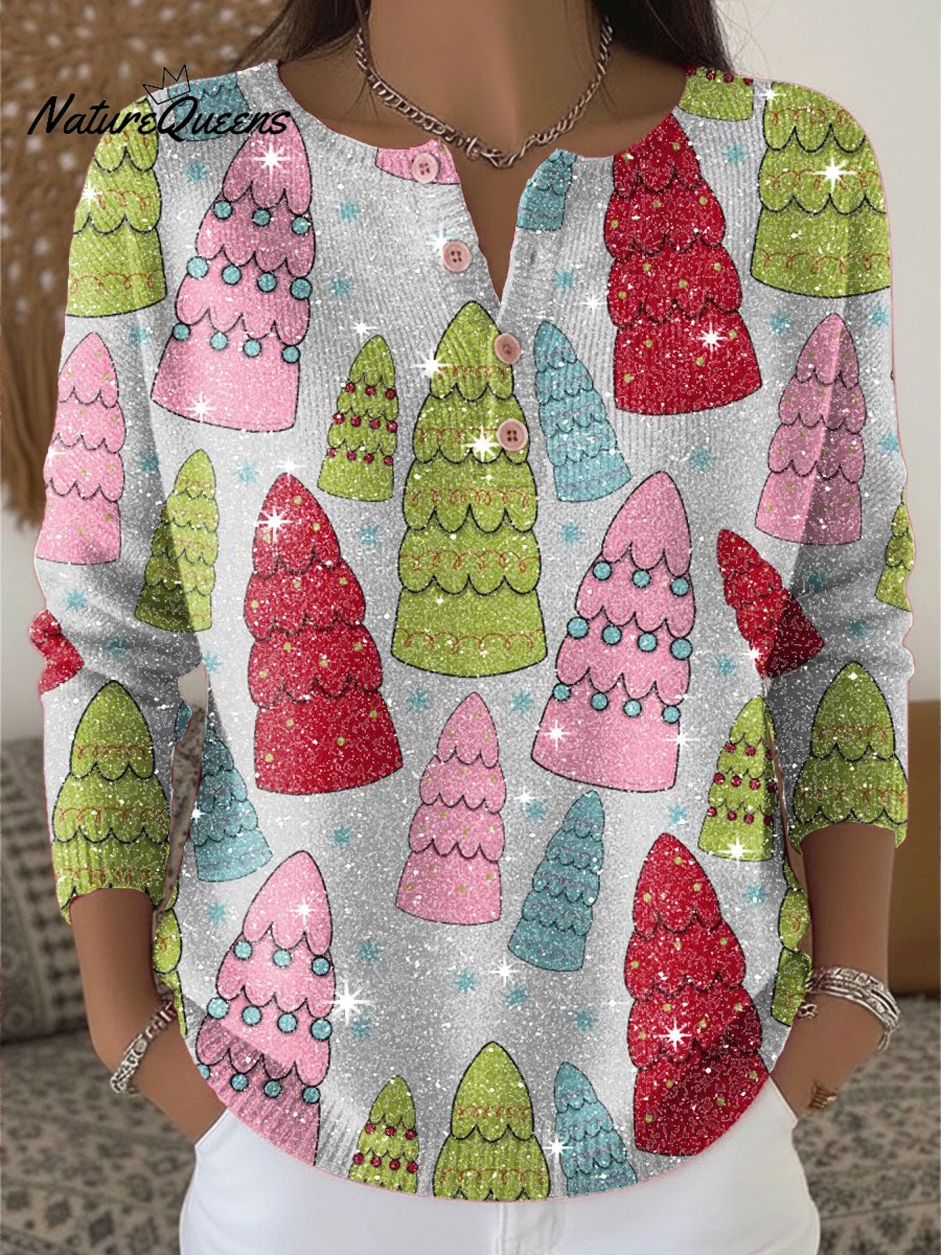 Christmas Colorful Tree Pattern Print Henley Neck Sparkling Sequin Sweater