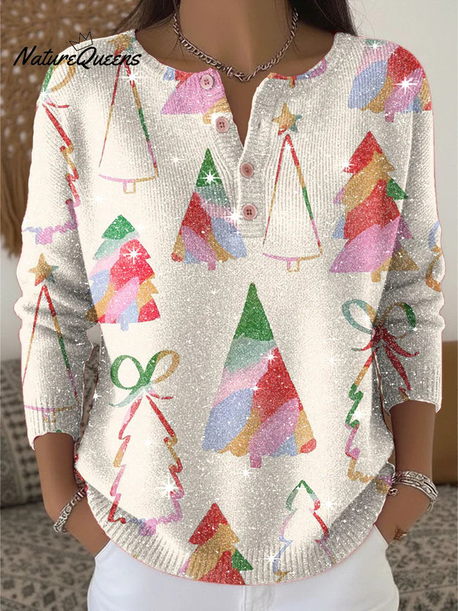 Christmas Colorful Tree Pattern Print Henley Neck Sparkling Sequin Sweater