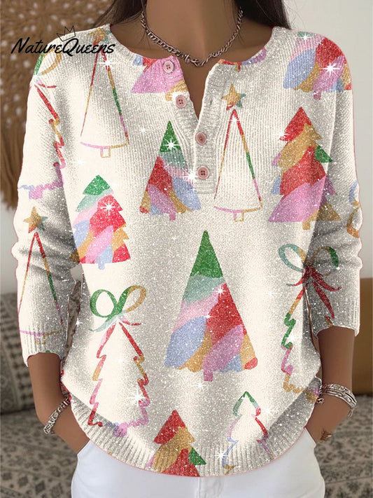 Christmas Colorful Tree Pattern Print Henley Neck Sparkling Sequin Sweater