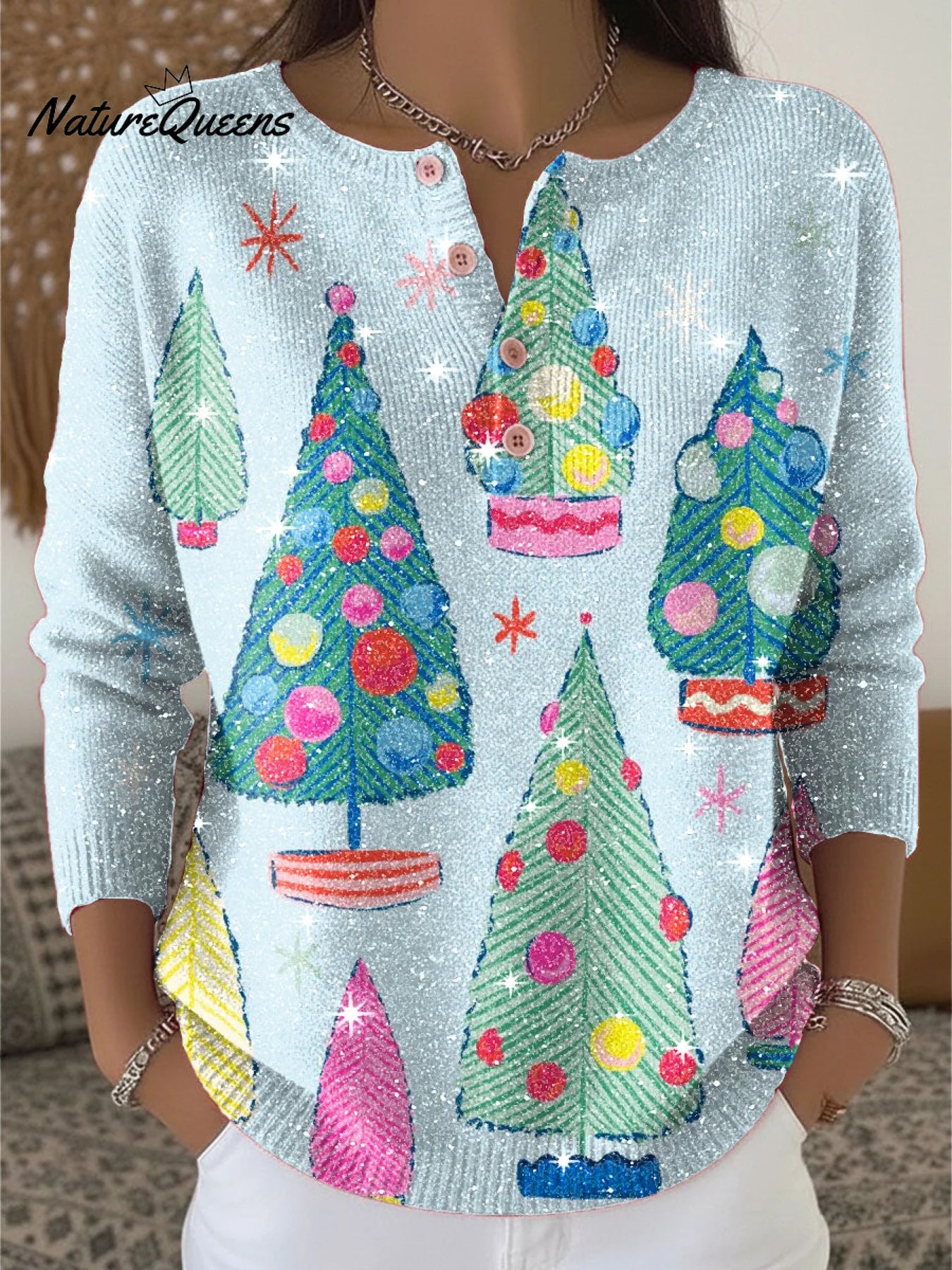 Christmas Colorful Tree Pattern Print Henley Neck Sparkling Sequin Sweater