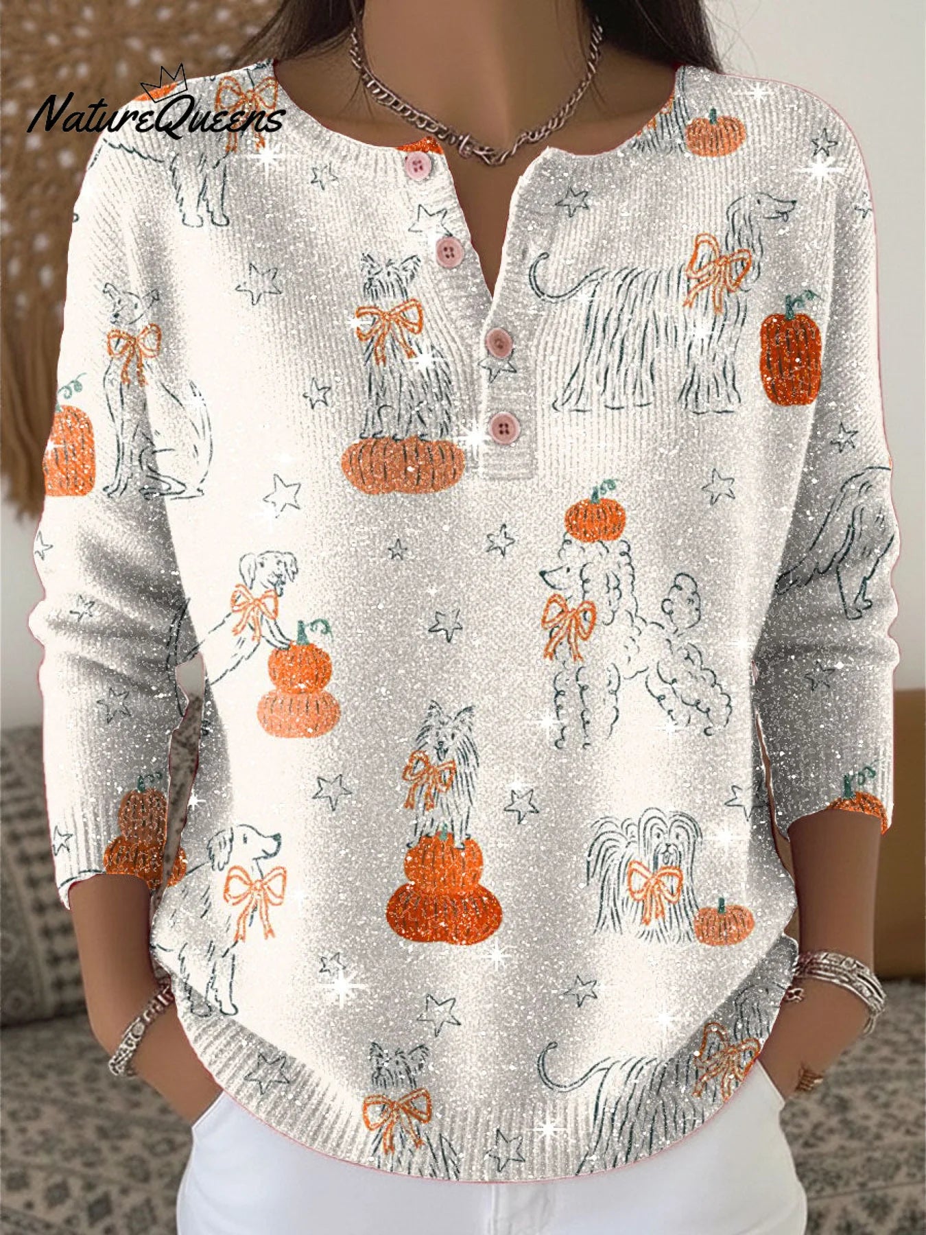 Halloween Dog Pumpkin Pattern Print Henley Neck Sparkling Sequin Sweater