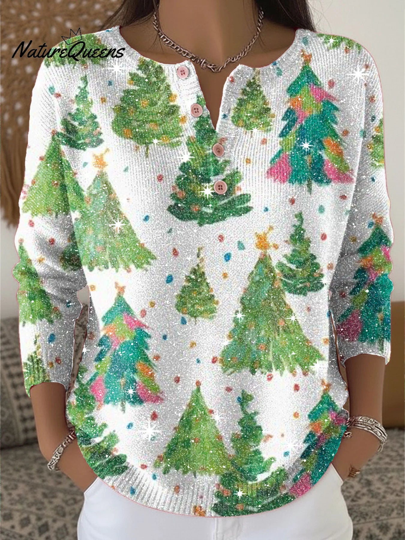 Christmas Tree Pattern Print Henley Neck Sparkling Sequin Sweater