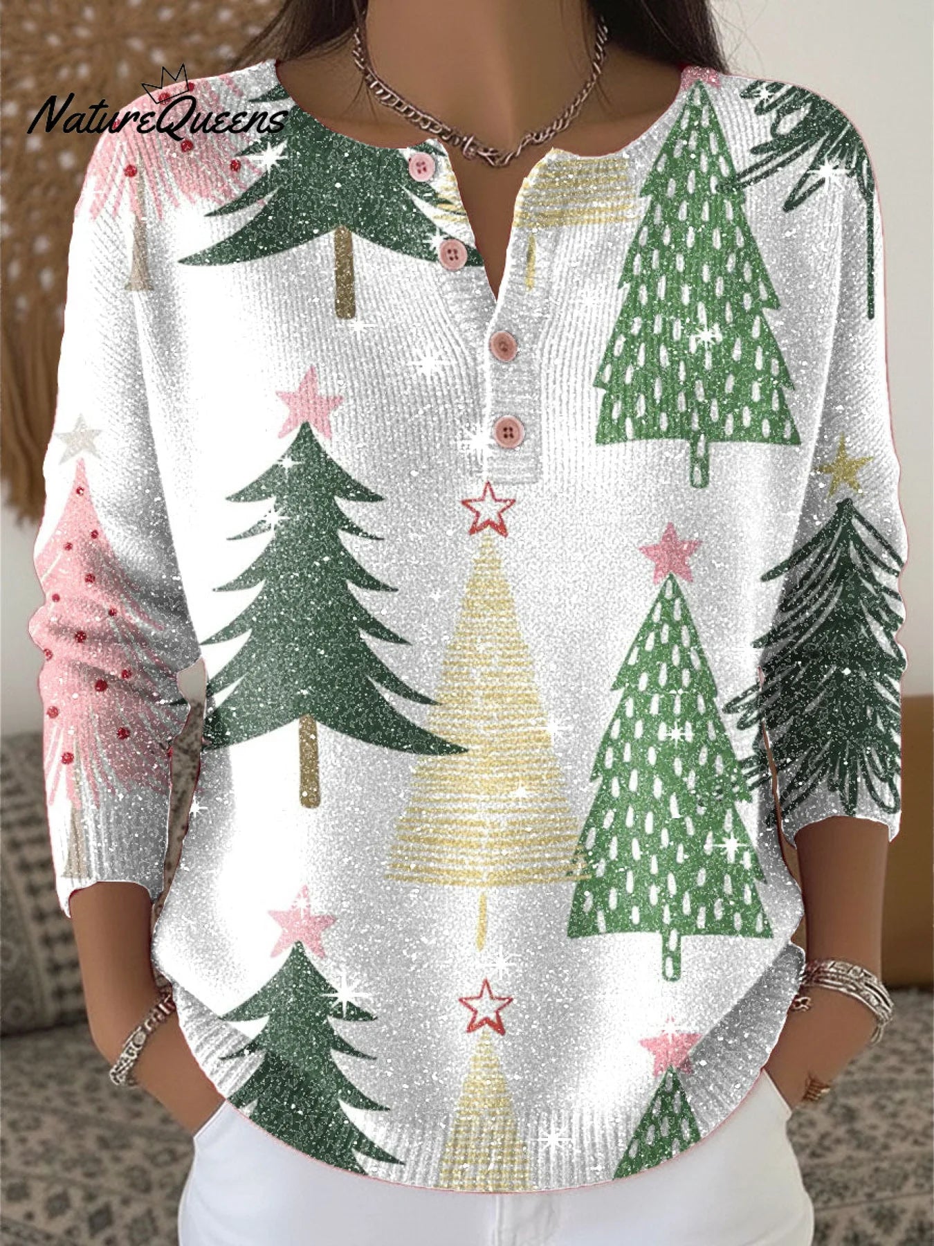Christmas Colorful Tree Pattern Print Henley Neck Sparkling Sequin Sweater