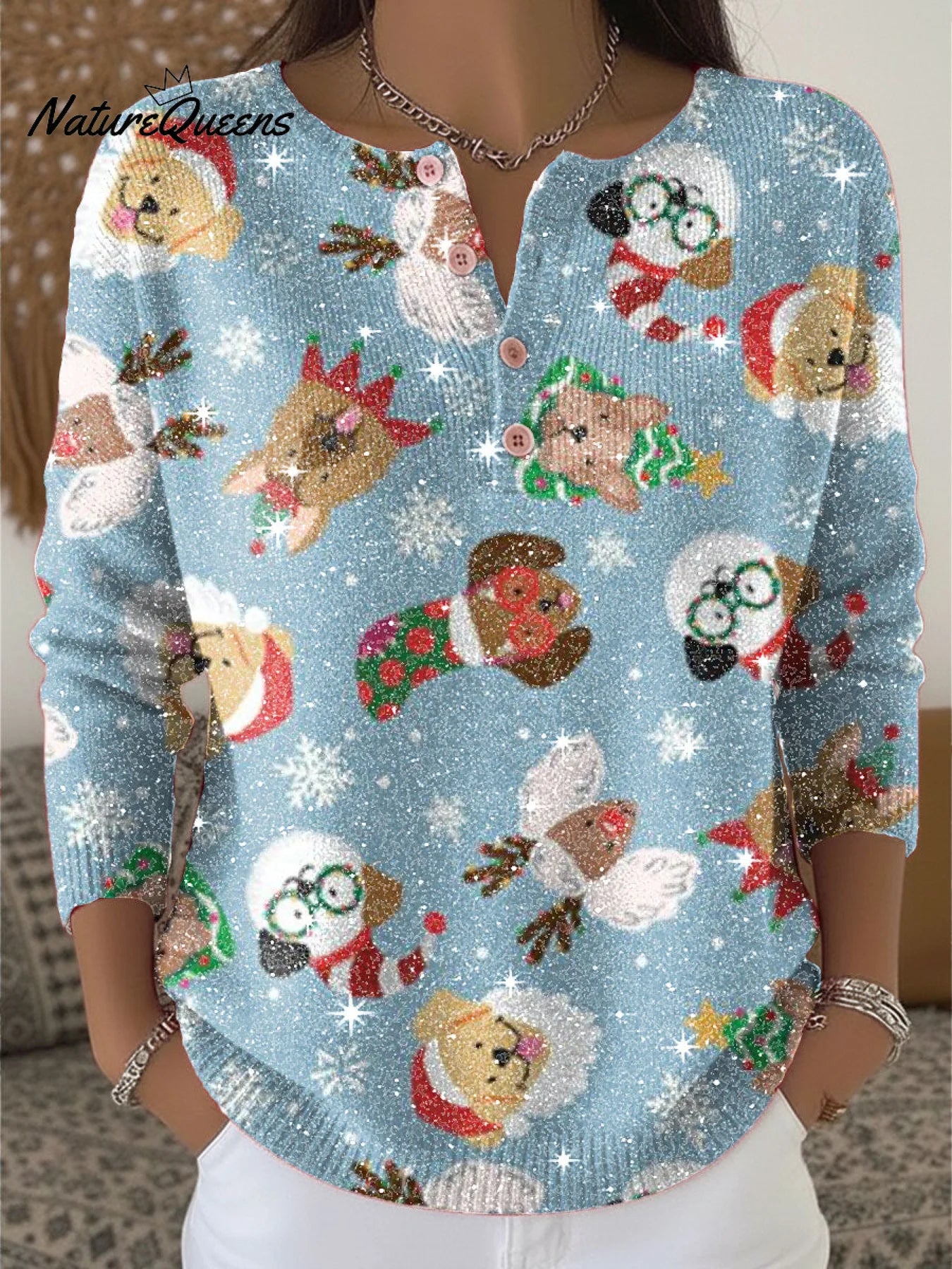 Christmas Cute Animal Dog Puppy Wearing A Hat Pattern Print Henley Neck Sparkling Sequin Sweater