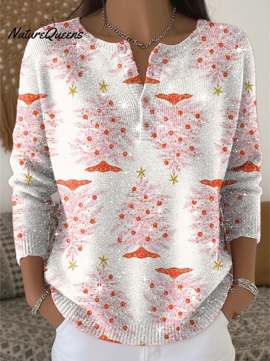 Christmas Pink Tree Pattern Print Henley Neck Sparkling Sequin Sweater