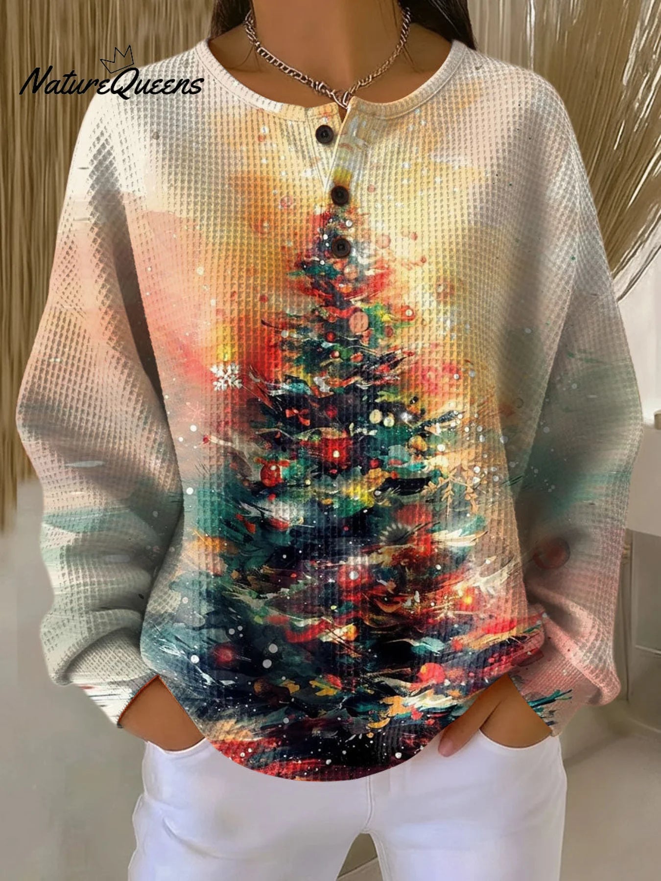 Women's Christmas Tree Pattern Art Print Casual Cotton Shirt