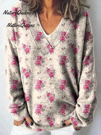 Watercolor French Rose Repeat Pattern Print Buttoned Cardigan Sweater