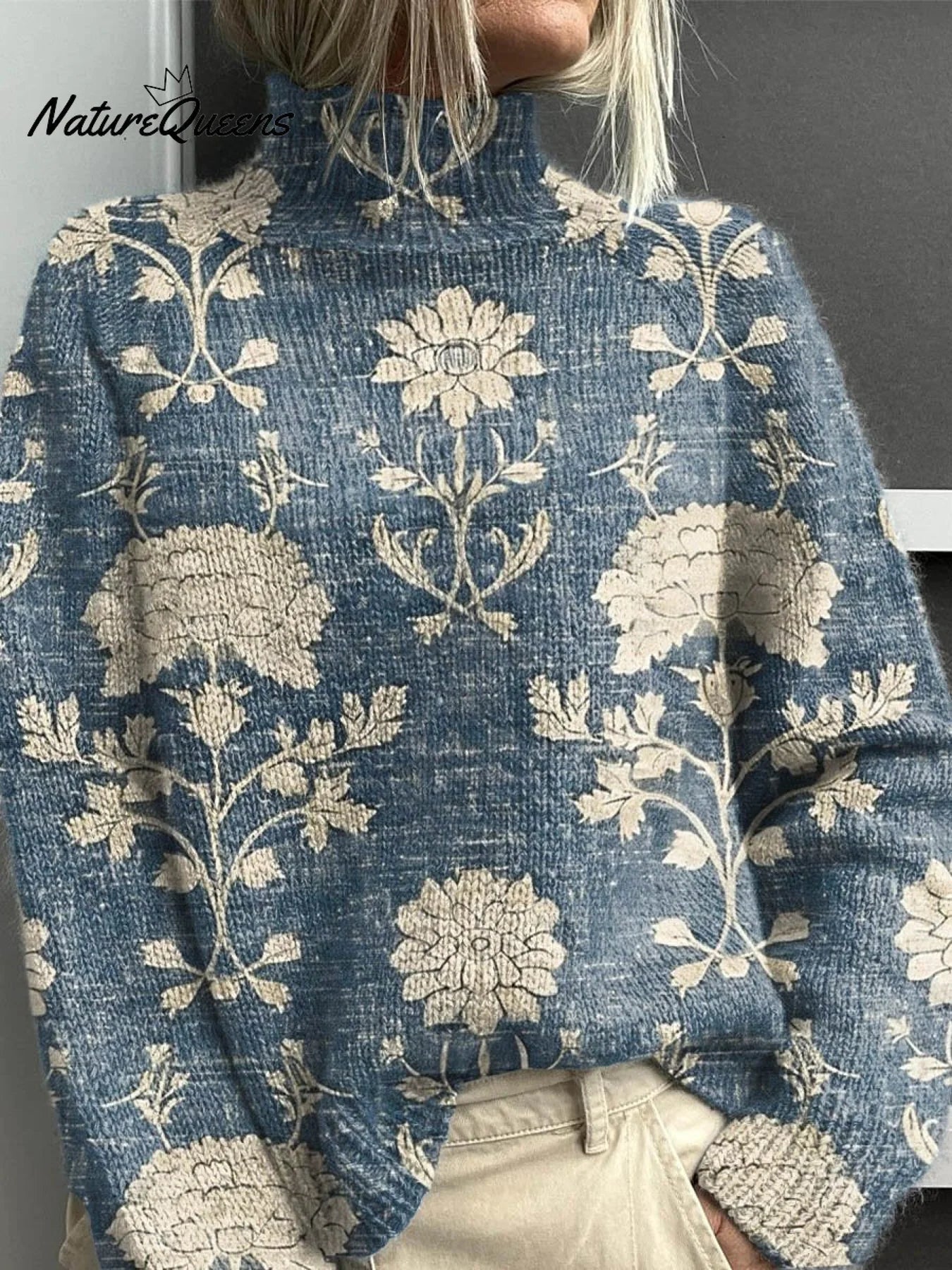 Women's Vintage Lovely Floral Art Print Knit Turtleneck Pullover Sweater