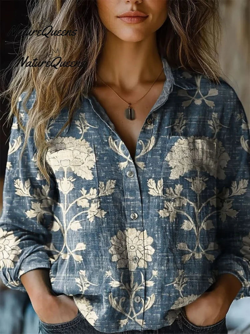 Women's Vintage Lovely Floral Art Print Knit Turtleneck Pullover Sweater