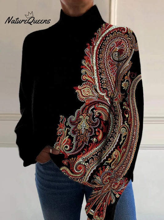 Retro Pattern Art Print Knit Turtleneck Pullover Sweater